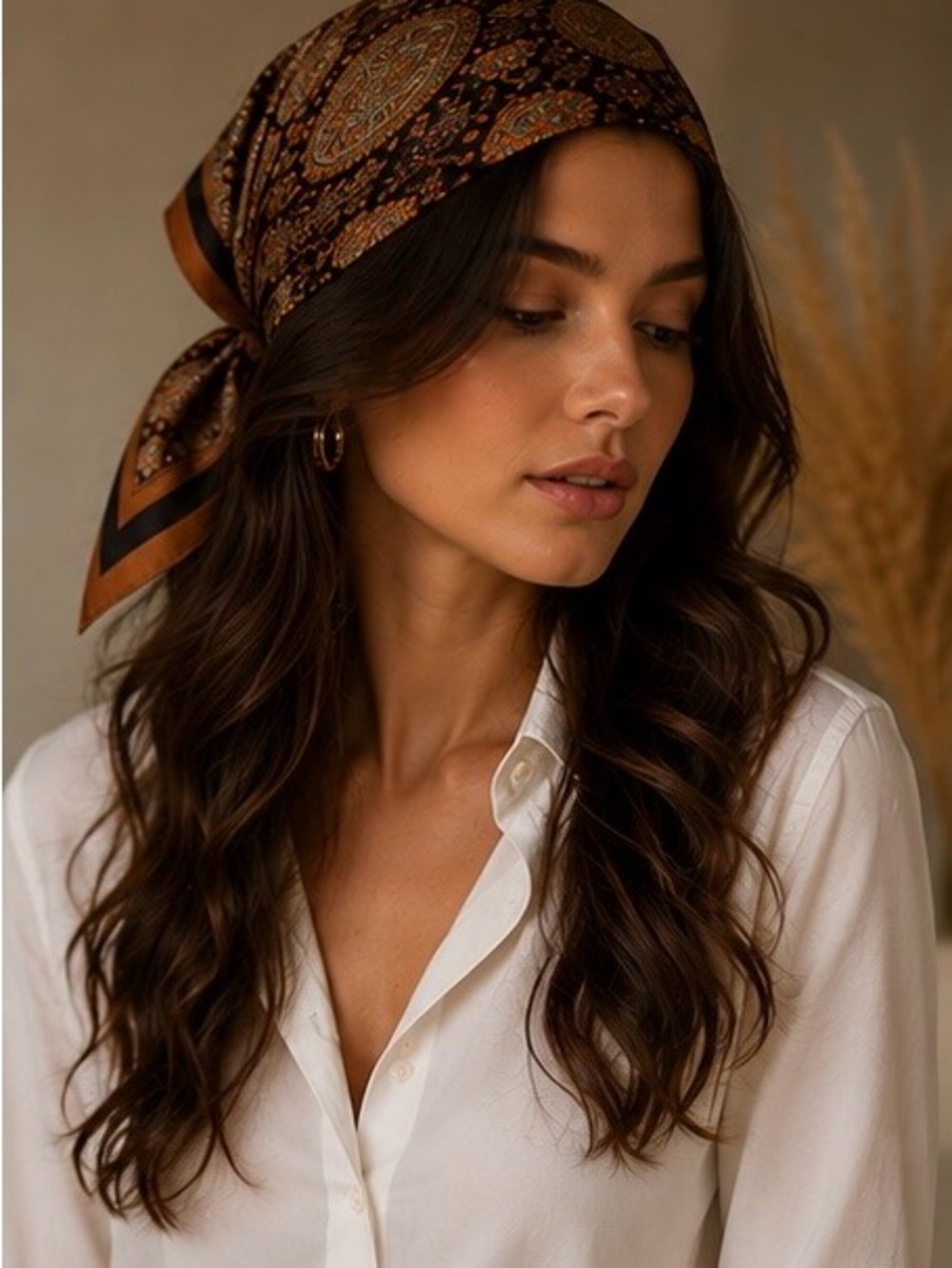 Classic Paisley Silk Headscarf in Brown